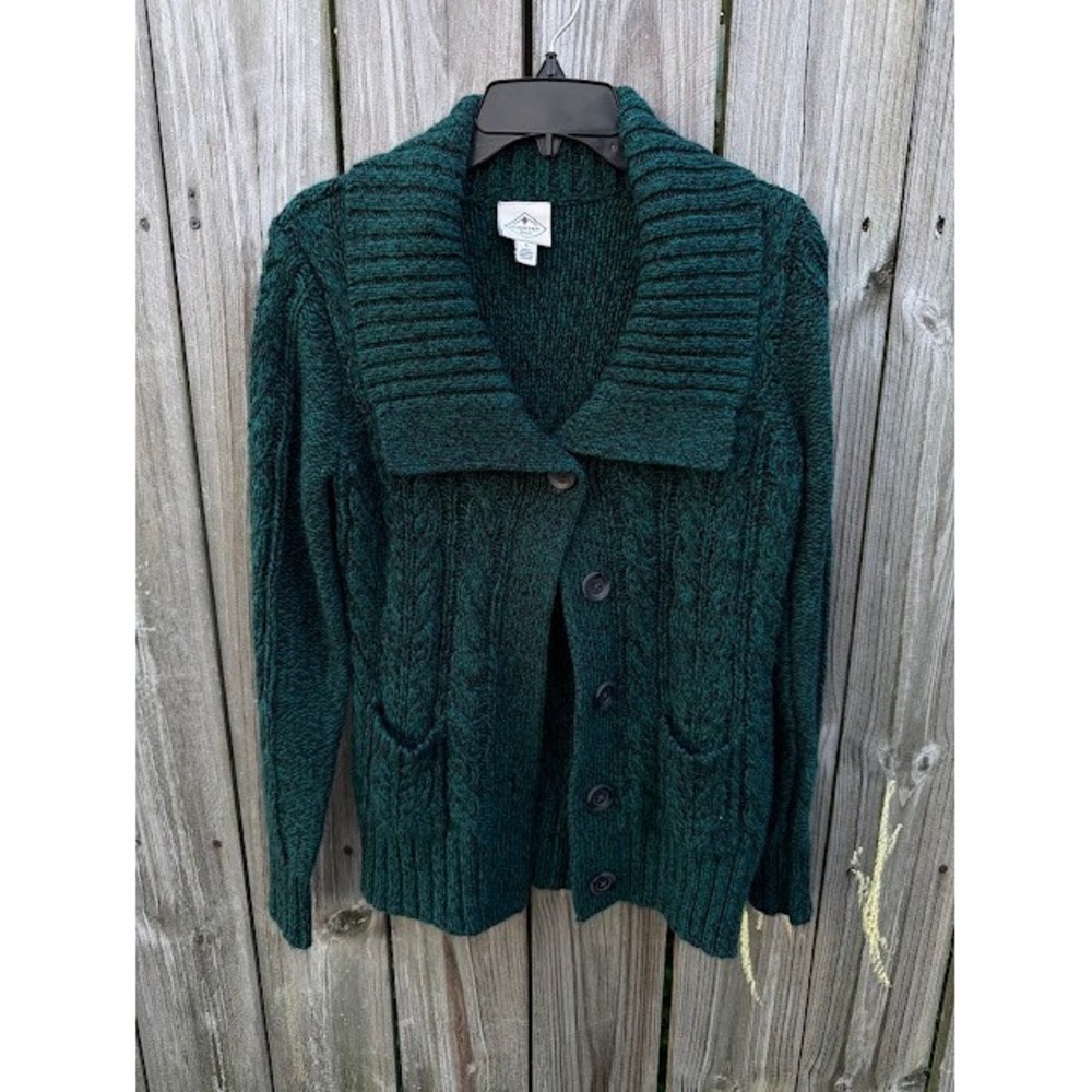 Dark Academia Cabin St. John's Bay Cable Knit Cardigan S Green Shawl Collar
